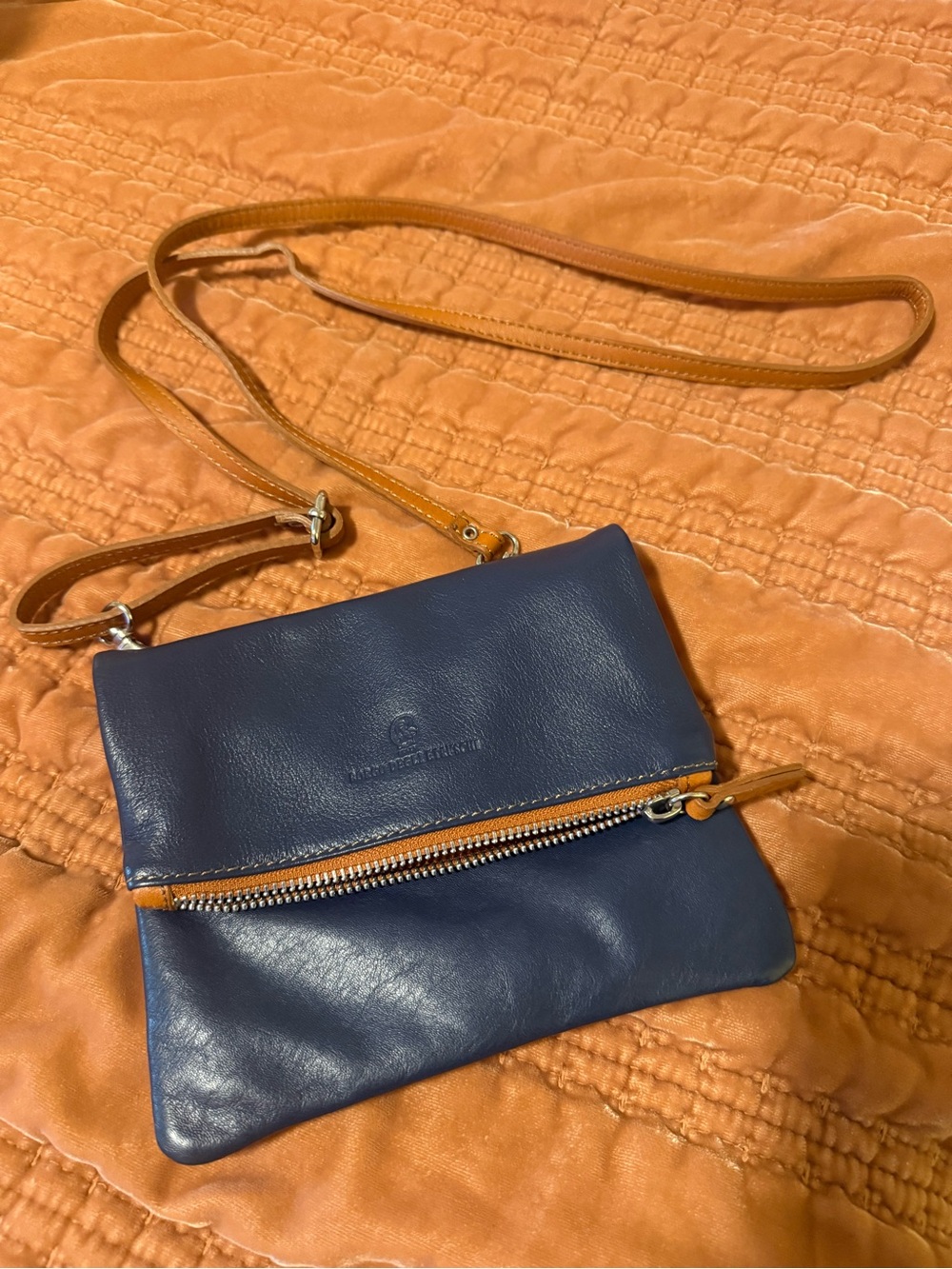 Navy Leather Crossbody with Tan Strap
